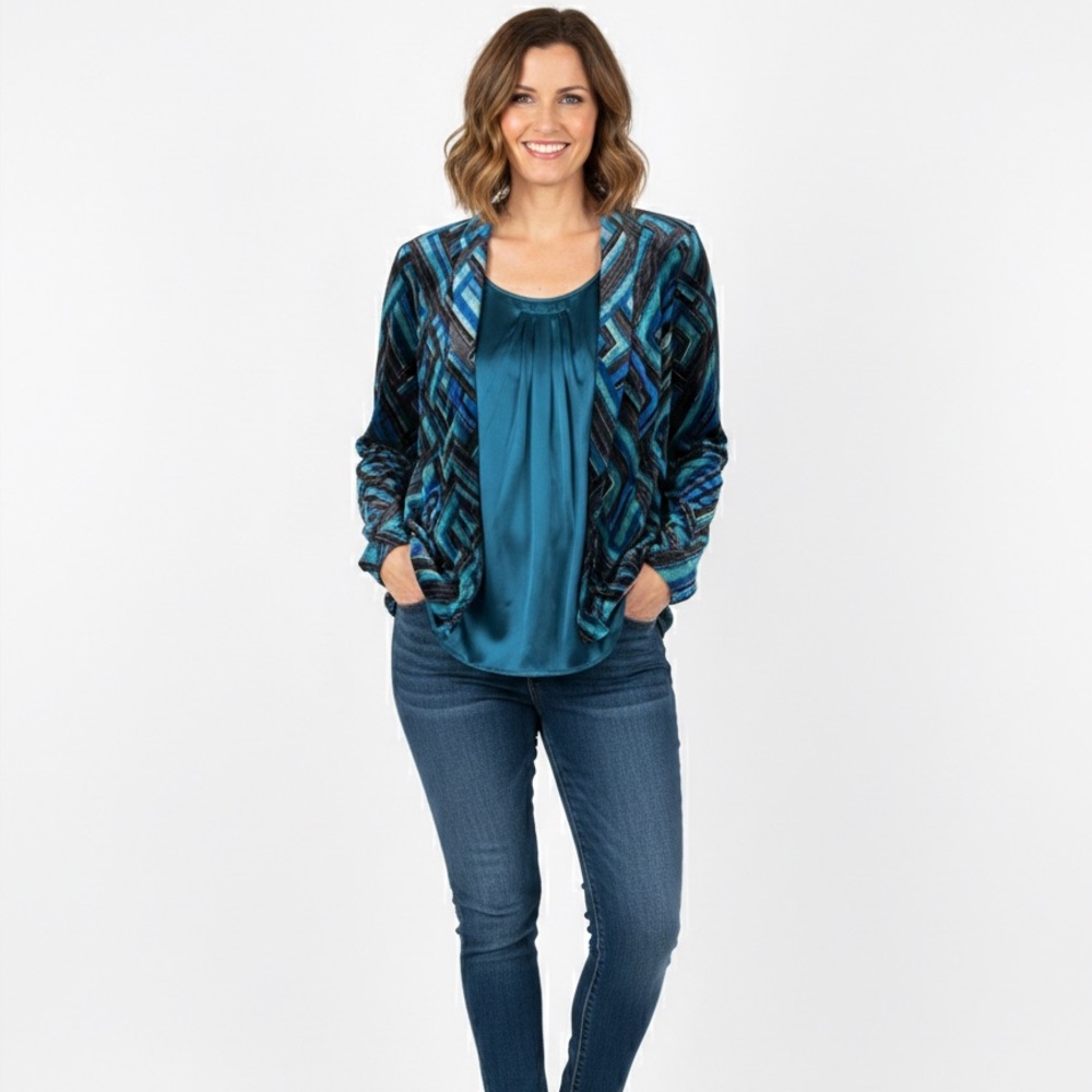 Chico’s 2-Piece Set: Geometric Burnout Velvet Topper & Silk-Look Satin Tank
